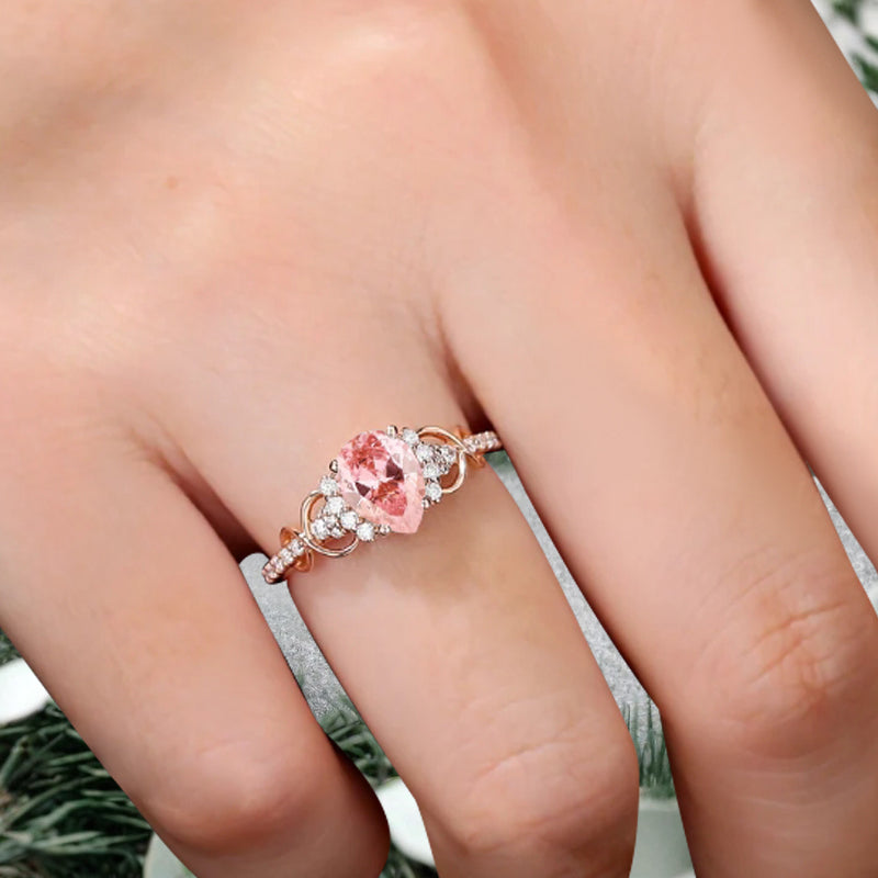 Vintage Pink Sapphire Ring Unique Pear Cut Engagement Moissanite Cluster Wedding Promise Ring For Women Delicate Gemstone Ring