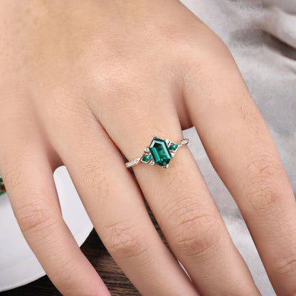 Hexagon Emerald Engagement Ring Emerald Moissanite Cluster Promise Ring Rose Gold Art Deco Ring Custom Handmade Bridal Ring