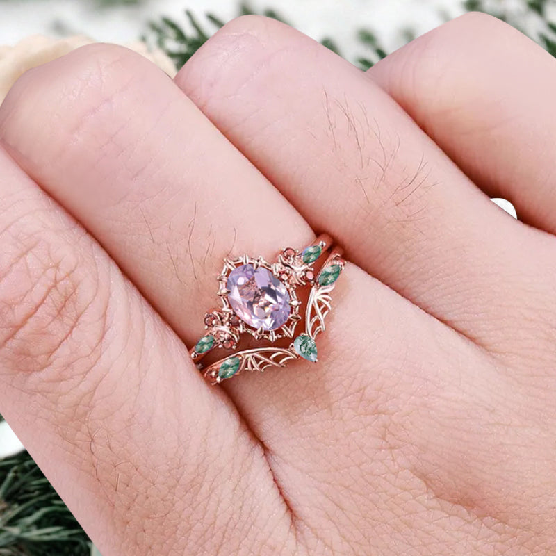 Vintage Oval Cut Lavender Amethyst Engagement Ring Set Women Unique Rose Gold Green Moss Agate Ruby Bridal Wedding Ring Set Anniversary Gift