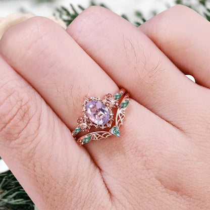 Vintage Oval Cut Lavender Amethyst Engagement Ring Set Women Unique Rose Gold Green Moss Agate Ruby Bridal Wedding Ring Set Anniversary Gift