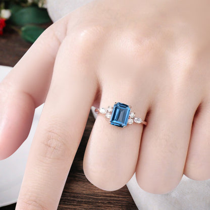 Vintage Birnenform Aquamarin Verlobungsring Set Unikat Versprechen Brautring Set Jubiläumsgeschenk