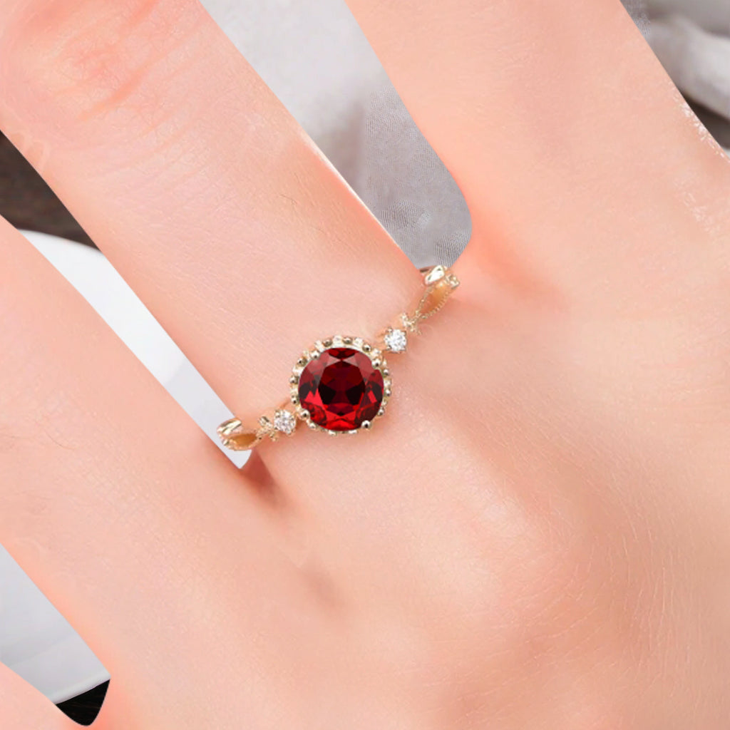Round Shaped Ruby Engagement Ring Vintage Gemstone July Birthstone Ring Unique Cluster Ring Rose Gold Ring Promise Wedding Bridal Ring Women