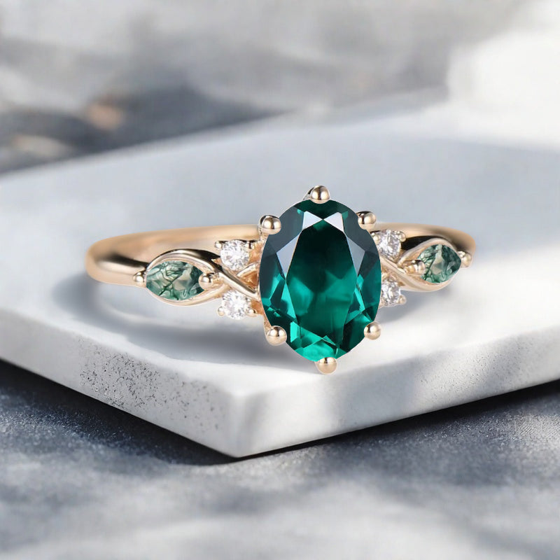 Bague de fiançailles vintage ovale en pierre de lune, bague de promesse unique en opale et moissanite