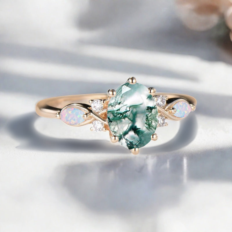 Vintage Oval Mondstein Verlobungsring Unikat Opal Moissanit Versprechensring