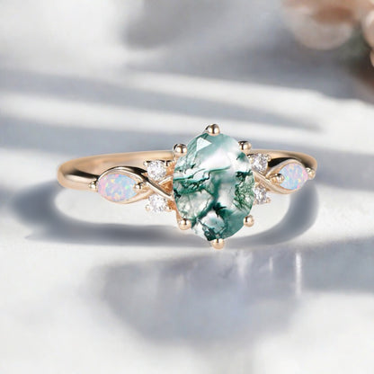 Vintage Oval Mondstein Verlobungsring Unikat Opal Moissanit Versprechensring
