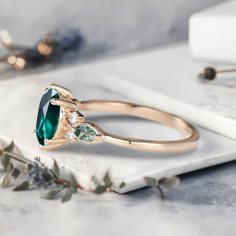 Bague de fiançailles vintage ovale en pierre de lune, bague de promesse unique en opale et moissanite