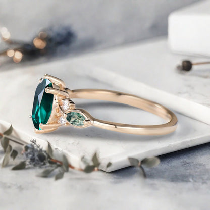 Bague de fiançailles vintage ovale en pierre de lune, bague de promesse unique en opale et moissanite