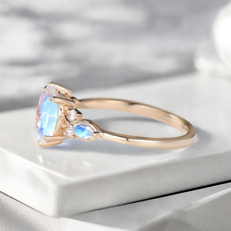 Vintage Oval Moonstone Engagement Ring Unique Oval Pink White Moonstone Promise Ring