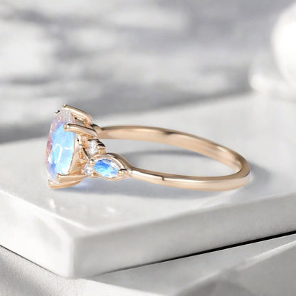 Vintage Oval Moonstone Engagement Ring Unique Oval Pink White Moonstone Promise Ring