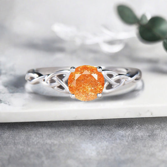 Art Deco Sunstone Solitaire Ring S925 Silver Round Cut Orange Gemstone Engagement Ring Unique Promise Ring Anniversary Gift For Women