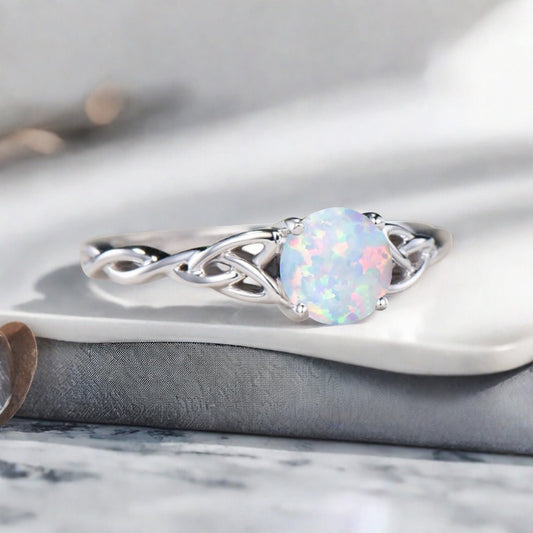 Art Deco Opal Solitaire Ring S925 Silver Round Cut White-Pink Gemstone Engagement Ring Unique Promise Ring Anniversary Gift For Women