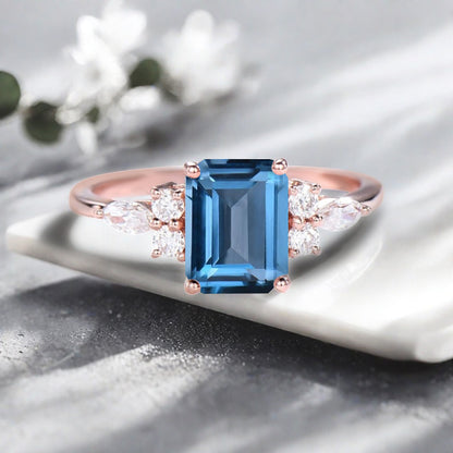 Vintage Birnenform Aquamarin Verlobungsring Set Unikat Versprechen Brautring Set Jubiläumsgeschenk