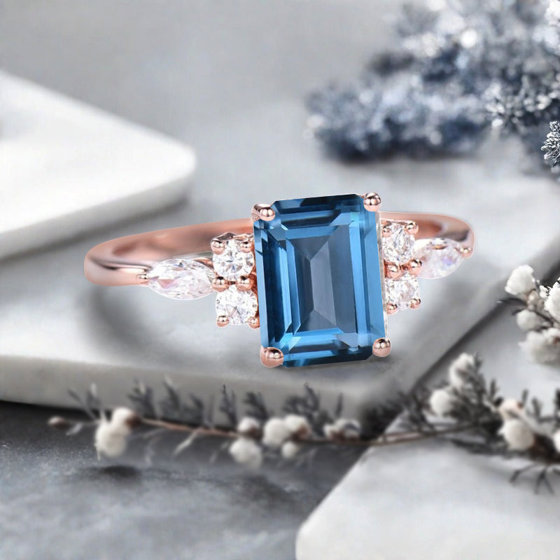 Vintage Birnenform Aquamarin Verlobungsring Set Unikat Versprechen Brautring Set Jubiläumsgeschenk