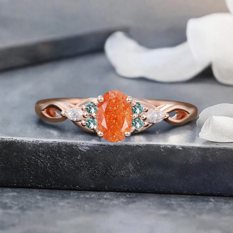 Vintage Oval Mondstein Verlobungsring Unikat Opal Moissanit Versprechensring