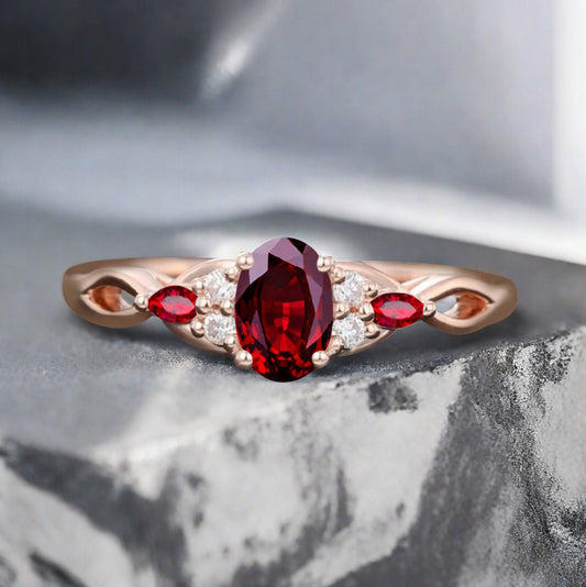 Vintage Oval Ruby Engagement Ring Unique Ruby Sidestones Oval Gemstone Promise Ring