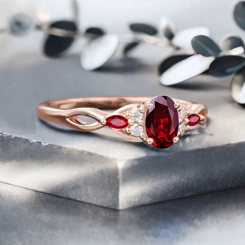 Vintage Oval Ruby Engagement Ring Unique Ruby Sidestones Oval Gemstone Promise Ring