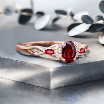 Vintage Oval Ruby Engagement Ring Unique Ruby Sidestones Oval Gemstone Promise Ring
