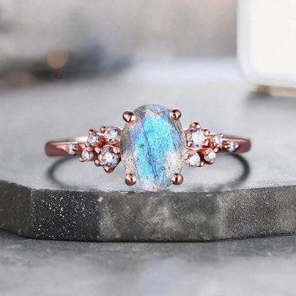 Vintage Labradorite Ring Solid 10k Rose Gold Ring Solitaire Ring Oval Cut White-Blue Engagement Ring Anniversary Gift Ring For Her