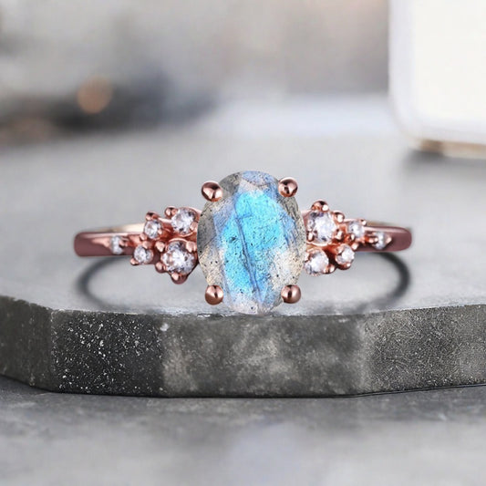 Vintage Labradorite Ring Solid 10k Rose Gold Ring Solitaire Ring Oval Cut White-Blue Engagement Ring Anniversary Gift Ring For Her