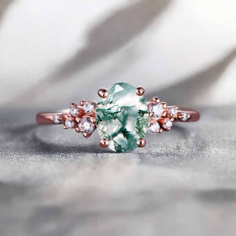 Vintage Moss Agate Ring Solid 10k Rose Gold Ring Solitaire Ring Oval Cut Green Agate Engagement Ring Anniversary Gift Ring For Her