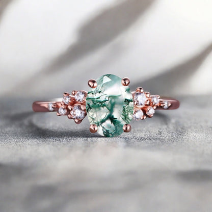 Vintage Moss Agate Ring Solid 10k Rose Gold Ring Solitaire Ring Oval Cut Green Agate Engagement Ring Anniversary Gift Ring For Her