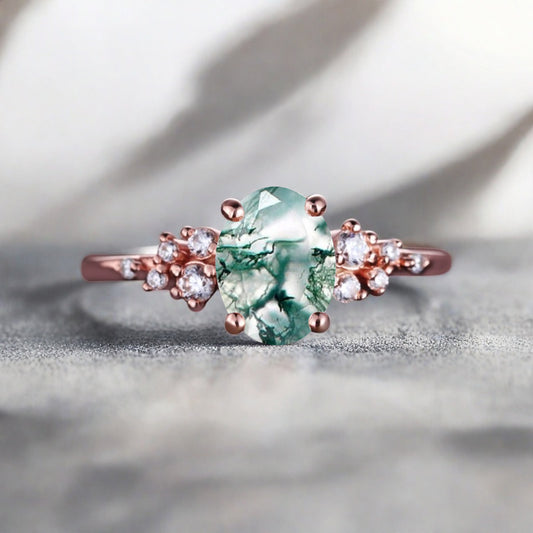 Vintage Moss Agate Ring Solid 10k Rose Gold Ring Solitaire Ring Oval Cut Green Agate Engagement Ring Anniversary Gift Ring For Her