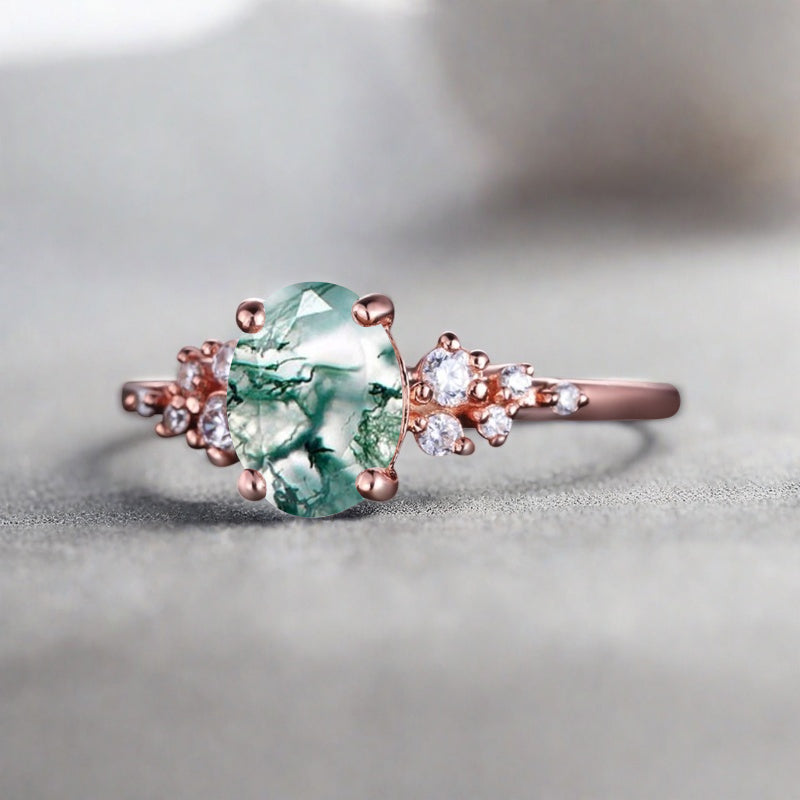 Vintage Moss Agate Ring Solid 10k Rose Gold Ring Solitaire Ring Oval Cut Green Agate Engagement Ring Anniversary Gift Ring For Her