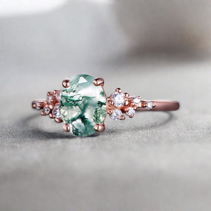 Vintage Moss Agate Ring Solid 10k Rose Gold Ring Solitaire Ring Oval Cut Green Agate Engagement Ring Anniversary Gift Ring For Her