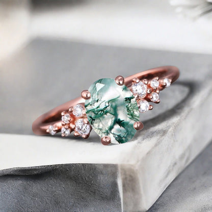Vintage Moss Agate Ring Solid 10k Rose Gold Ring Solitaire Ring Oval Cut Green Agate Engagement Ring Anniversary Gift Ring For Her