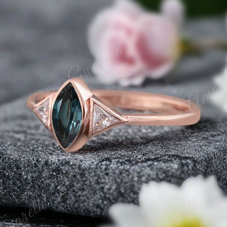 Vintage Hexagon Cut Blau Grün Saphir Verlobungsring Blau Grün Saphir Ehering
