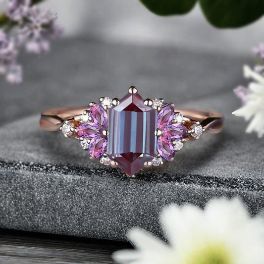 Vintage Hexagon Cut Alexandrite Engagement Ring Amethyst Wedding Ring Art Deco Rose Gold Dainty Bridal Ring Anniversary Ring