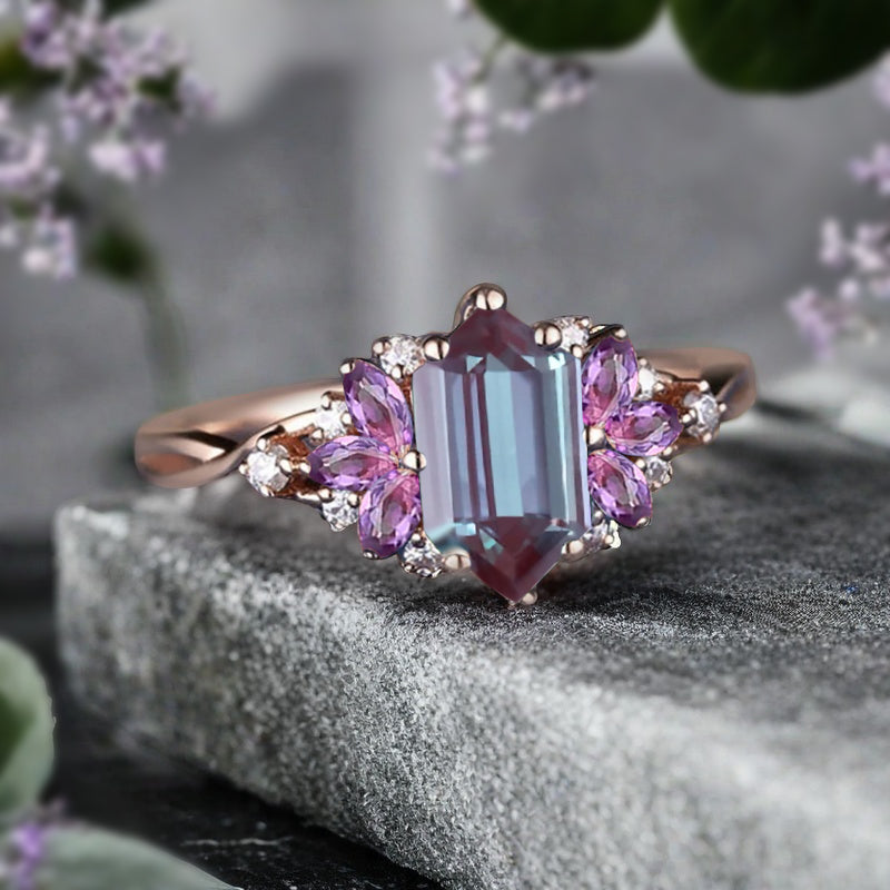 Vintage Hexagon Cut Alexandrite Engagement Ring Amethyst Wedding Ring Art Deco Rose Gold Dainty Bridal Ring Anniversary Ring