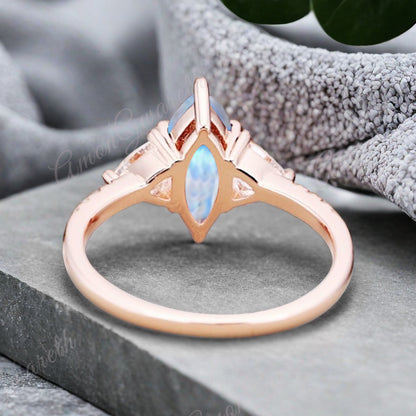 Vintage Marquise Cut Natural Moonstone Engagement Ring Sets Nature Inspired Cluster Promise Ring Rose Gold Art Deco Women Gift