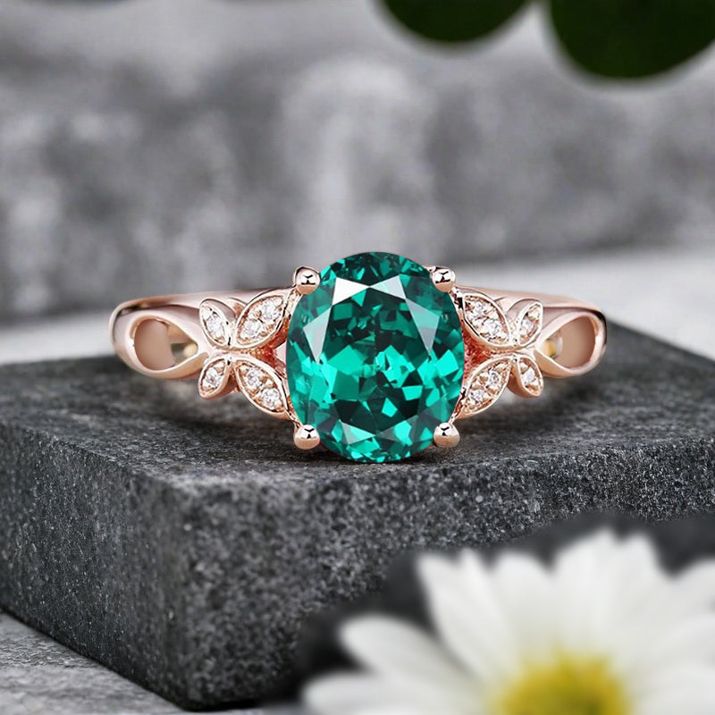 Vintage Oval Emerald Engagement Ring Unique Oval Emerald Gemstone Promise Ring
