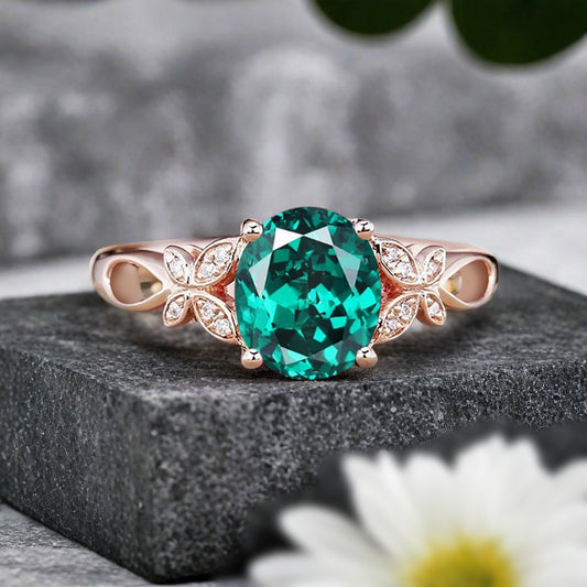 Vintage Oval Emerald Engagement Ring Unique Oval Emerald Gemstone Promise Ring