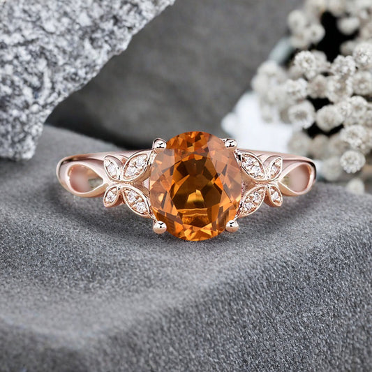Vintage Oval Citrine Engagement Ring Unique Oval Orange Gemstone Promise Ring