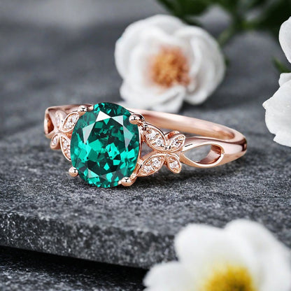 Vintage Oval Emerald Engagement Ring Unique Oval Emerald Gemstone Promise Ring