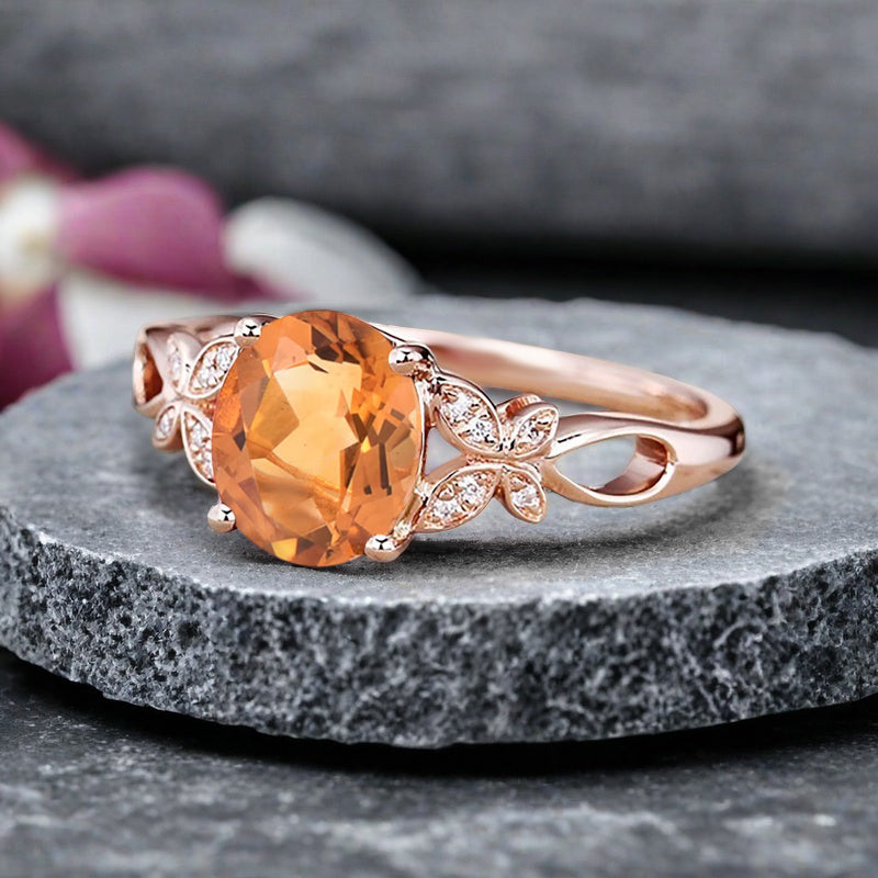 Vintage Oval Citrine Engagement Ring Unique Oval Orange Gemstone Promise Ring