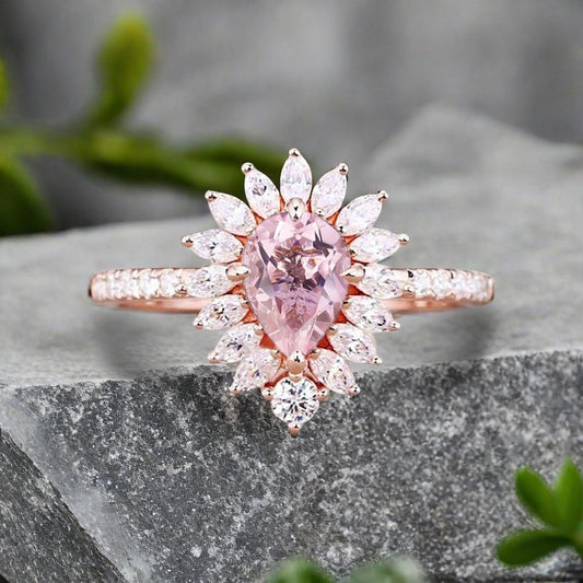 Vintage Pink Sapphire Engagement Ring 14K Rose Gold Pink Sapphire Unique Gemstone Bridal Ring For Women Moissanite Halo Promise Gift For Her