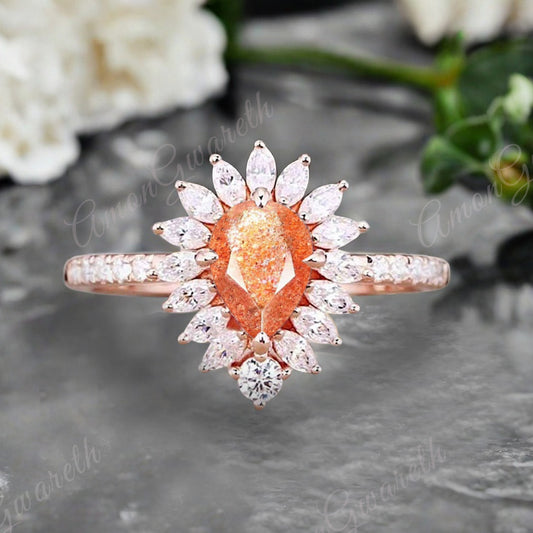 Vintage Sunstone Engagement Ring 14K Rose Gold Orange Sunstone Unique Gemstone Bridal Ring For Women Moissanite Halo Promise Gift For Her