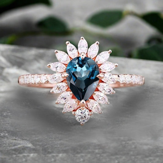 Vintage Birnenform Aquamarin Verlobungsring Set Unikat Versprechen Brautring Set Jubiläumsgeschenk