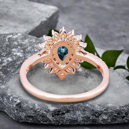 Vintage Blue-Green Sapphire Engagement Ring 14K Rose Gold Blue-Green Sapphire Unique Gemstone Bridal Ring For Women Moissanite Halo Promise Gift For Her
