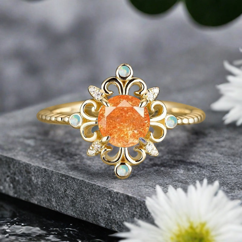 Vintage Round Sunstone Engagement Ring Solid Rose Gold Leaf Ring Orange Sunstone Bridal Ring Unique Promise Anniversary Gift