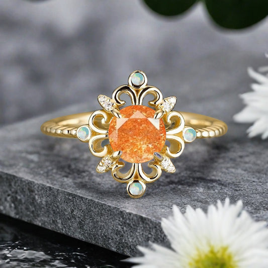 Vintage Round Sunstone Engagement Ring Solid Rose Gold Leaf Ring Orange Sunstone Bridal Ring Unique Promise Anniversary Gift