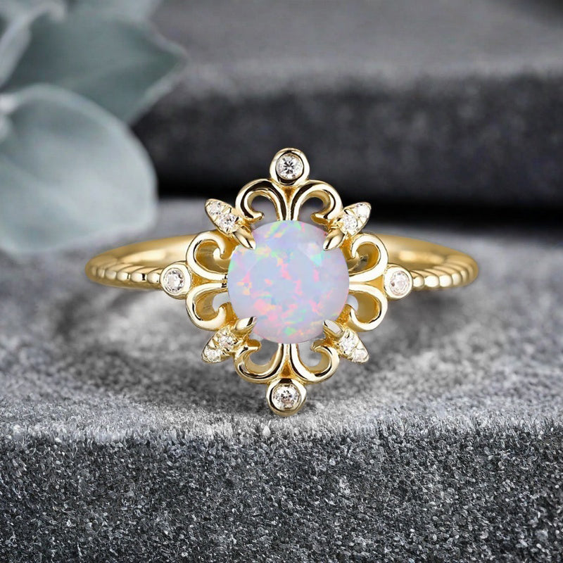 Vintage Round Opal Engagement Ring Solid Rose Gold Leaf Ring Pink-White Opal Bridal Ring Unique Promise Anniversary Gift
