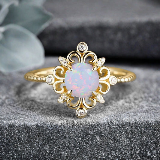 Vintage Round Opal Engagement Ring Solid Rose Gold Leaf Ring Pink-White Opal Bridal Ring Unique Promise Anniversary Gift