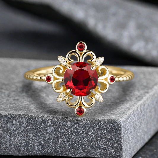 Vintage Round Ruby Engagement Ring Solid Rose Gold Leaf Ring Scarlet Ruby Bridal Ring Unique Promise Anniversary Gift