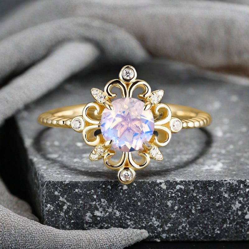 Vintage Round Moissanite Engagement Ring Solid Rose Gold Leaf Ring Transparent Moissanite Bridal Ring Unique Promise Anniversary Gift