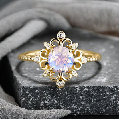 Vintage Round Moissanite Engagement Ring Solid Rose Gold Leaf Ring Transparent Moissanite Bridal Ring Unique Promise Anniversary Gift