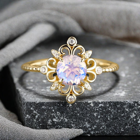Vintage Round Moissanite Engagement Ring Solid Rose Gold Leaf Ring Transparent Moissanite Bridal Ring Unique Promise Anniversary Gift
